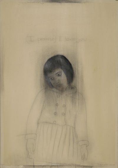 Click the image for a view of: Untitled (I promise) I love you V. 2009. Pencil, charcoal and pastel on Fabriano paper primed with rabbit skin glue. 1000X700mm