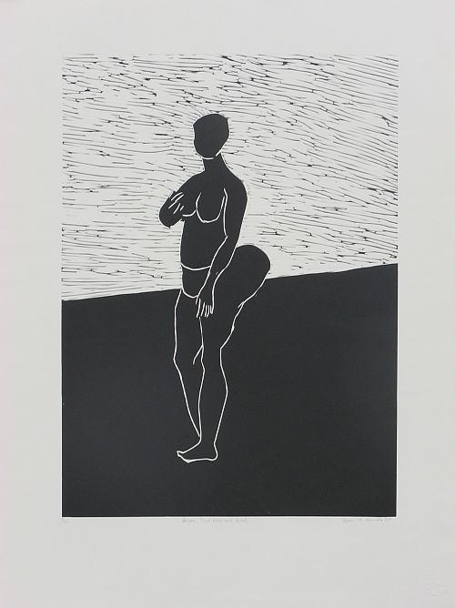 Click the image for a view of: Senzeni, That Dress and Sarah I. 2009. Linocut. Edition 10. 758x 560mm