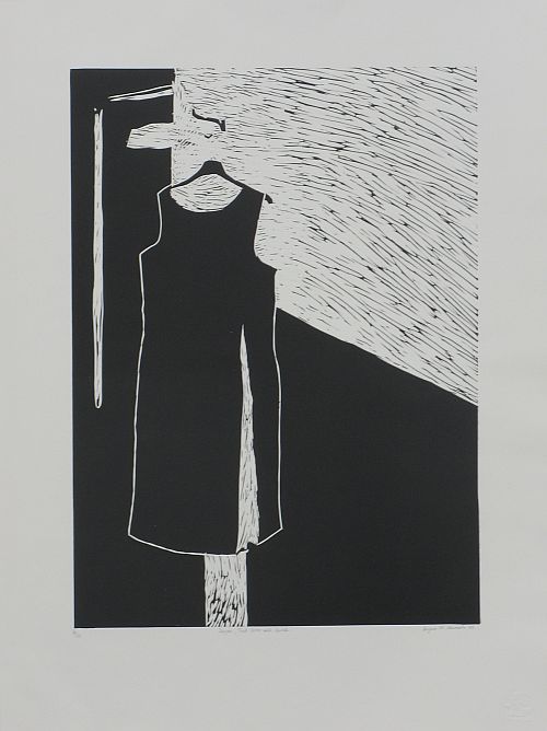 Click the image for a view of: Senzeni, That Dress and Sarah II. 2009. Linocut.  Edition 10. 758x560mm