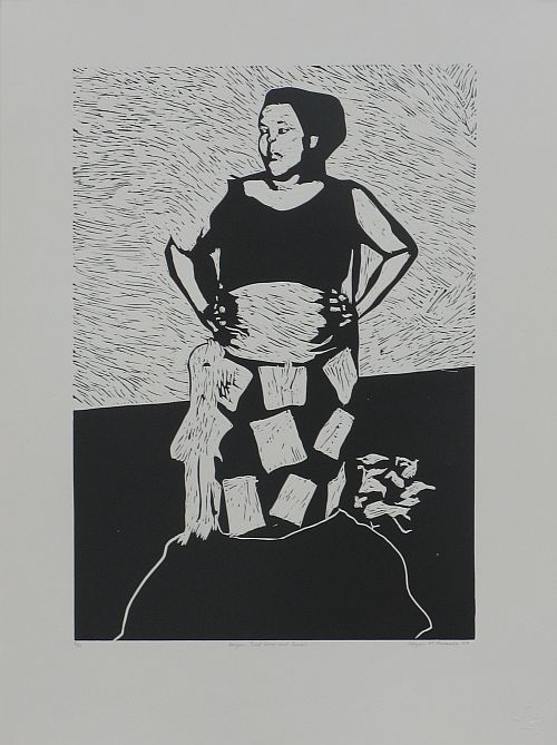 Click the image for a view of: Senzeni, That Dress and Sarah III. 2009. Linocut. Edition 10. 758x560mm
