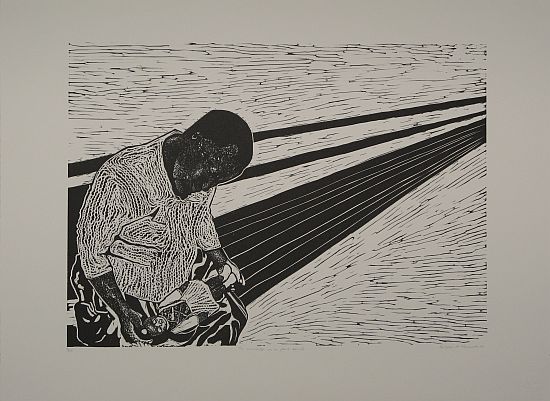Click the image for a view of: The comforter on a park bench. 2009. Linocut. Edition 10. 560x758mm