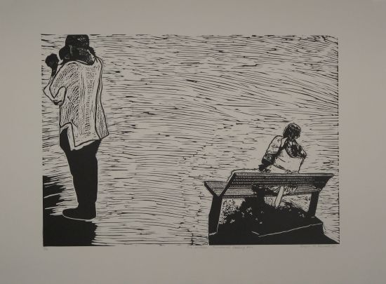 Click the image for a view of: The comforter: Theodorah looking on. 2009. Linocut. Edition 10. 560x758mm