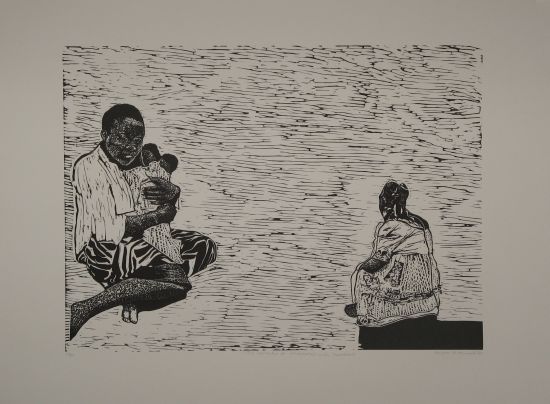 Click the image for a view of: The comforter in conversation with Theodorah. 2009. Linocut. Edition 10. 560x758mm