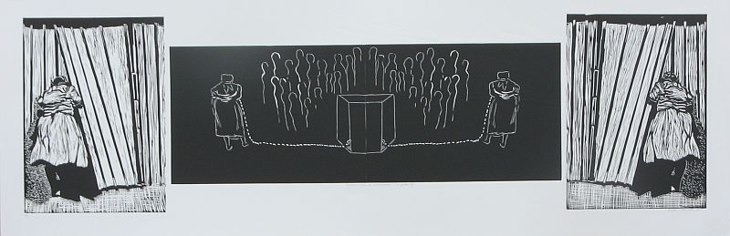Click the image for a view of: Theodorah comes to Johannesburg: The gathering. 2009. Linocut. 6/7. 520x1550mm