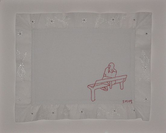 Click the image for a view of: Untitled IX. 2009. Found cloth,cotton thread embroidery. 350x450mm