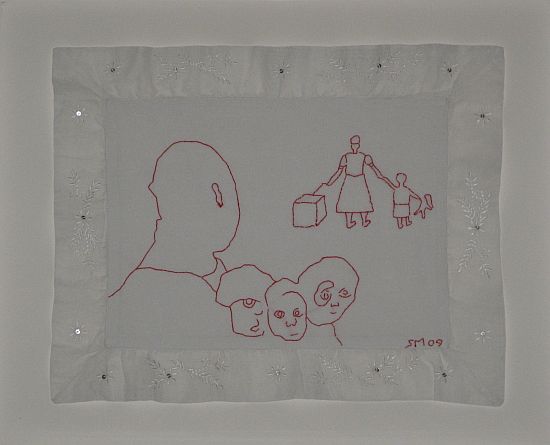 Click the image for a view of: Untitled V. 2009. Found cloth, cotton thread embroidery. 350x450mm
