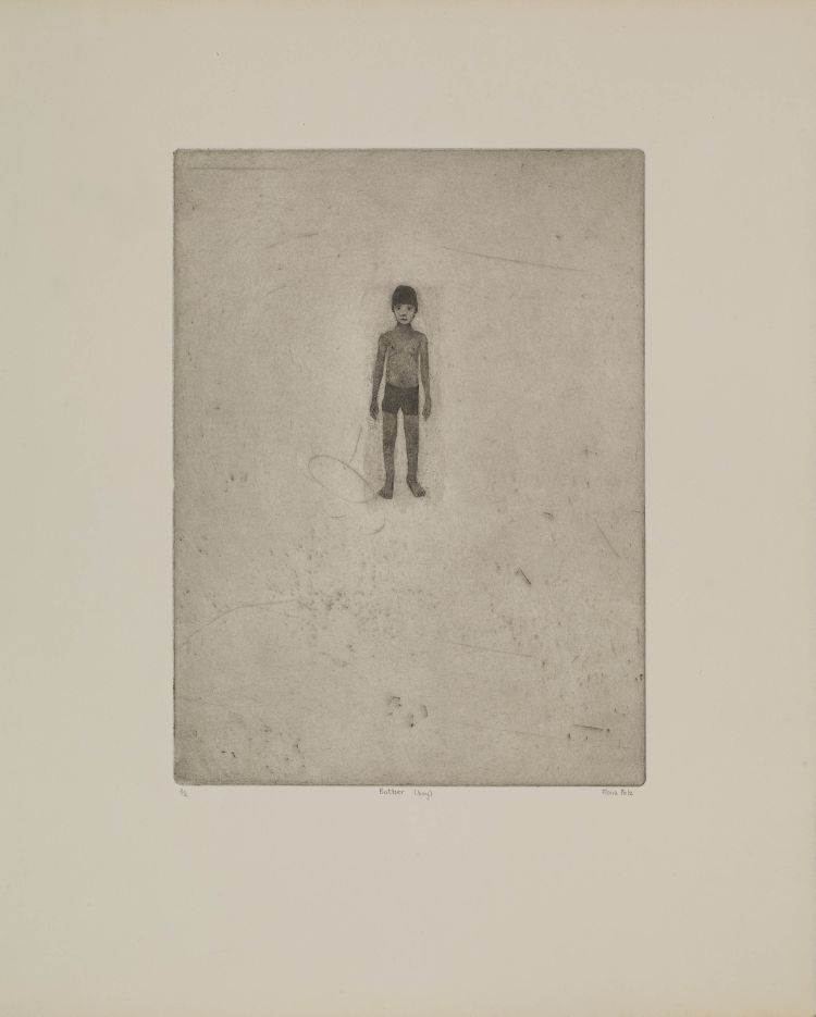 Click the image for a view of: Fiona Pole. Bather (boy). 2015. Etching, softground, roulette wheels. Edition 2. 410X330mm
