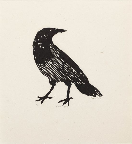 Click the image for a view of: Fiona Pole. Noir et blanc: Black bird. 2015. Linocut. Edition 13. 215X205mm