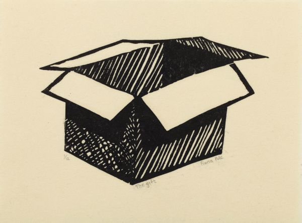 Click the image for a view of: Fiona Pole. Noir et blanc: The gift. 2015. Linocut. 215X170mm