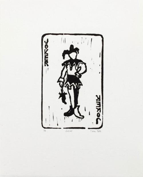 Click the image for a view of: Fiona Pole. Noir et blanc: Joker. 2015. Linocut. Edition 10. 230X190mm