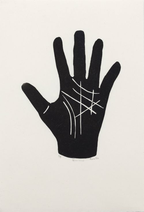 Click the image for a view of: Fiona Pole. Noir et blanc: Open hand. 2015. Linocut.Edition 5.  255X185mm