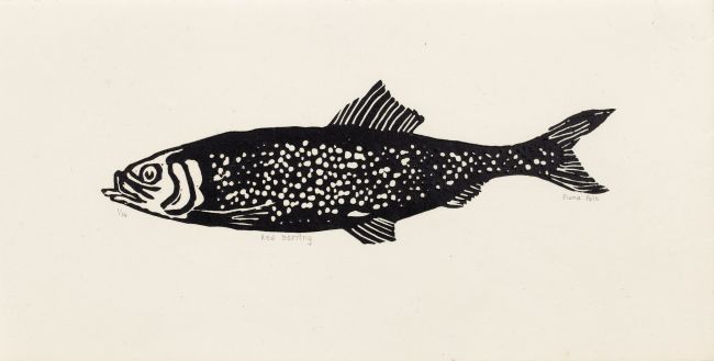 Click the image for a view of: Fiona Pole. Noir et blanc: Red Herring. 2015. Linocut. Edition 14. 260X140mm