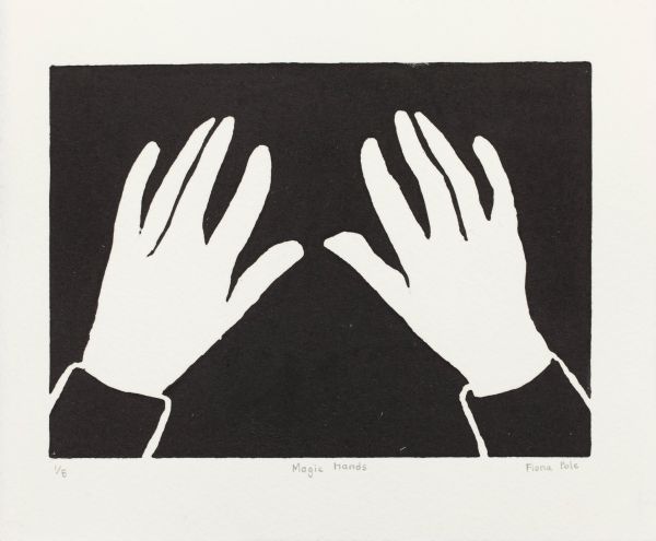 Click the image for a view of: Fiona Pole. Noir et blanc: Magic hands. 2015. Linocut. Edition 5. 220X190mm