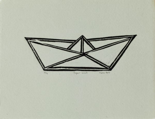 Click the image for a view of: Fiona Pole. Noir et blanc: Paper boat. 2015. Linocut. Edition 14.  210X175mm