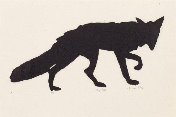 Click the image for a view of: Fiona Pole. Noir et blanc: Sly fox. 2015. Linocut. Edition 13. 210X155mm