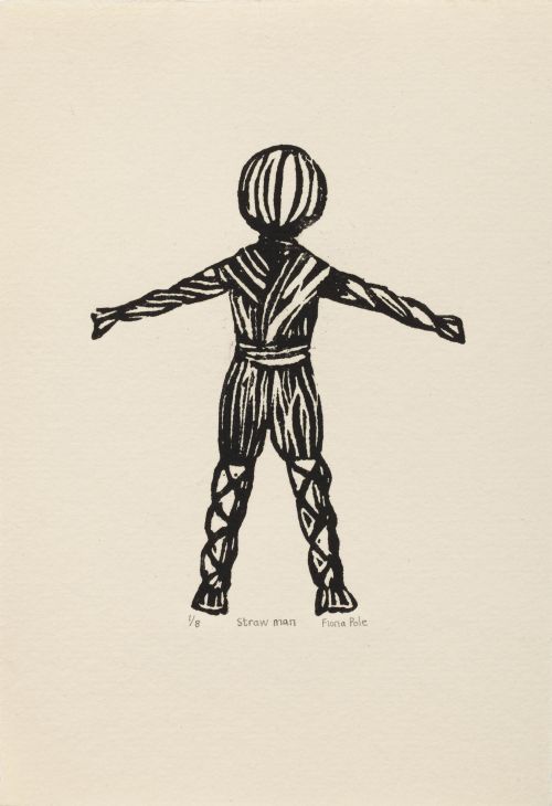 Click the image for a view of: Fiona Pole. Noir et blanc: Straw man. 2015. Linocut. Edition 8. 220X160mm