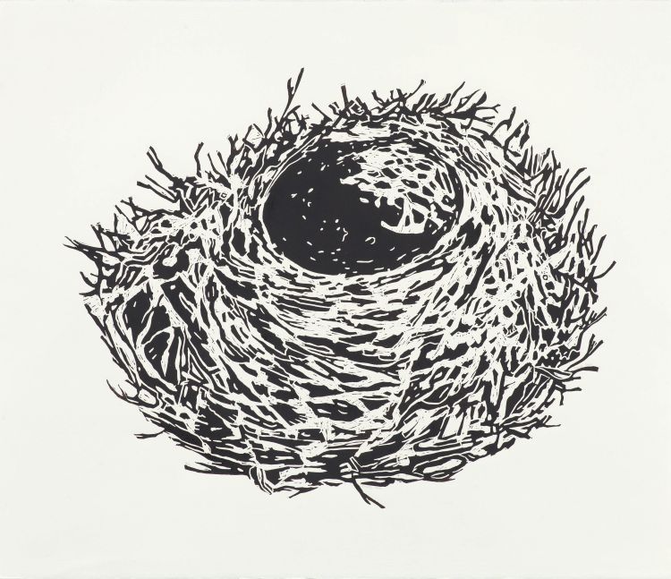 Click the image for a view of: Fiona Pole. Empty nest. 2015. Linocut. Edition 10. 845X730mm
