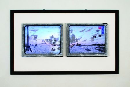Click the image for a view of: The Multiple.2009. woodcut, chine-coole,LCDs with machinima, polyptych of 4 prints and 3 screens. edition 3.405 x 460mm