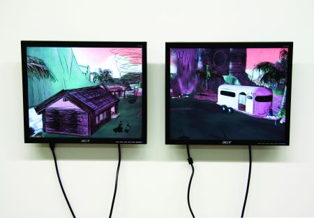 Click the image for a view of: Twin City. 2009. lithograph, LCD with machinima, computer. edition 3. 405 x 460mm