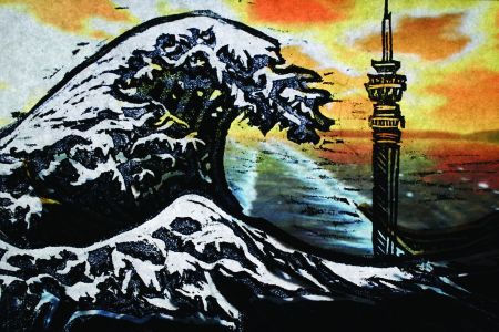 Click the image for a view of: The Great Wave. 2009 woodcut, LCD with video. edition 3. 305 x 355mm