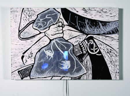 Click the image for a view of: Floating Worlds. 2009. woodcut, LCD with video. edition 3. 460 x 660 x 75mm