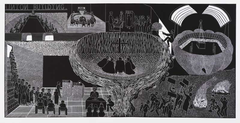 Sandile Goje. Bitter, sweeter journey of South Africans. 2009. Linocut. Edition 10. 1050X2100mm