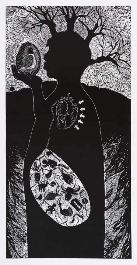Click the image for a view of: Colbert Mashile. Mma waka Montedi. 2010. Linocut. Edition 10. 2100X1050mm