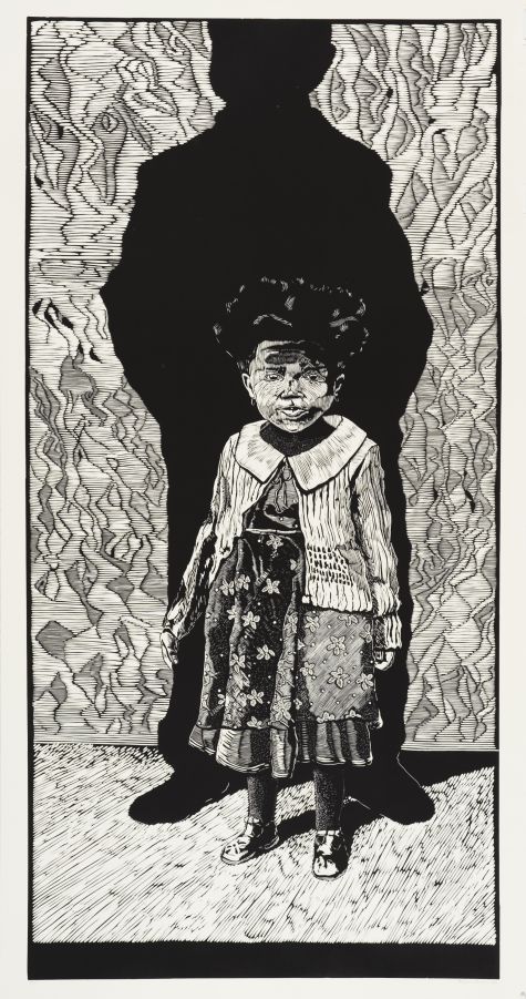 Click the image for a view of: Motsamai Thabane. Daddy s girl. 2010. Linocut. Edition 10. 2100X1050mm