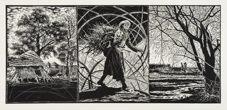 Click the image for a view of: Phillemon Hlungwani. Xilo xi n wana ni n wana xi ni nkoka eka nw winyi wa xona. 2010. Linocut. Edition 10. 1050X2100mm