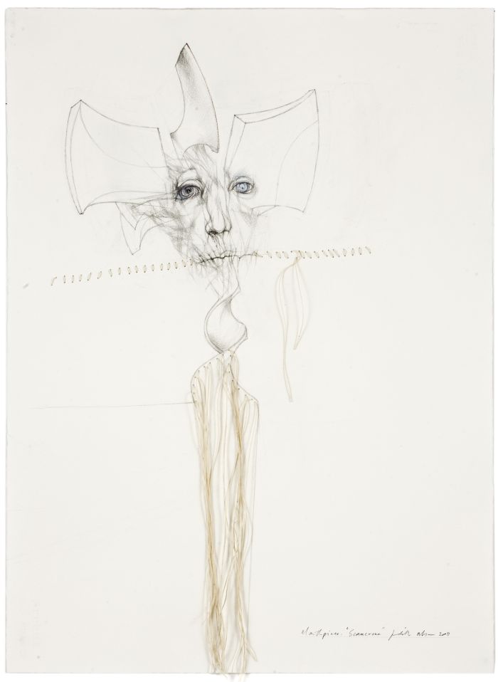 Click the image for a view of: Mouthpiece. Scarecrone. 2011. Pencil, coloured pencil on paper with cotton string. 760X565mm